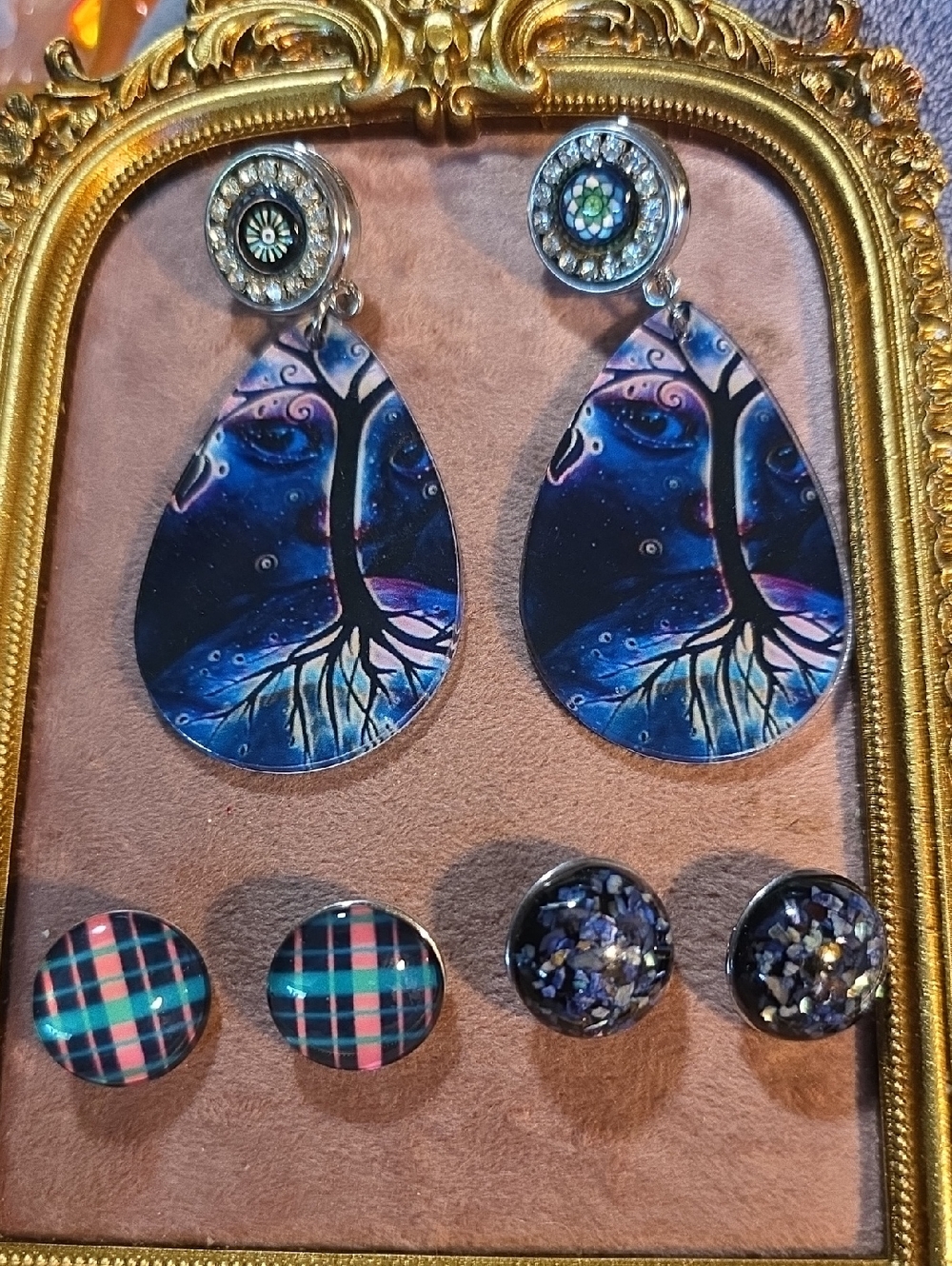 Vintage Ginger Snaps Blue Tree Teardrop Earrings With 6 Interchangable Snaps